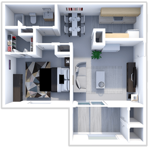 Floor plan for 1 bed, 1 bath, 668 sqft